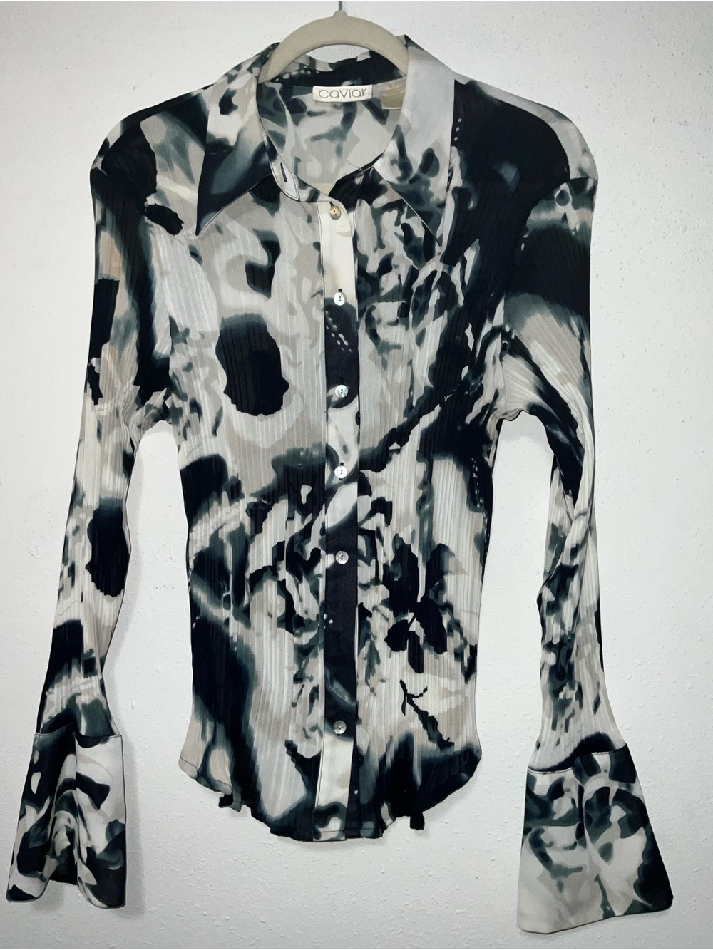 Vintage Caviar Black White Plisse Bell Sleeve Top L Whimsigoth